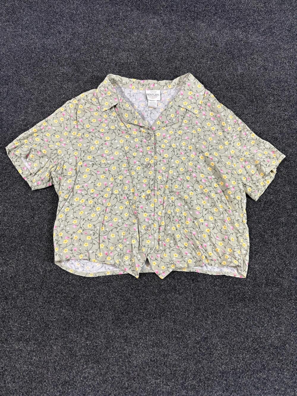 Bentley Blouse Womens L Multicolor Floral Cropped Short Sleeve Button Front